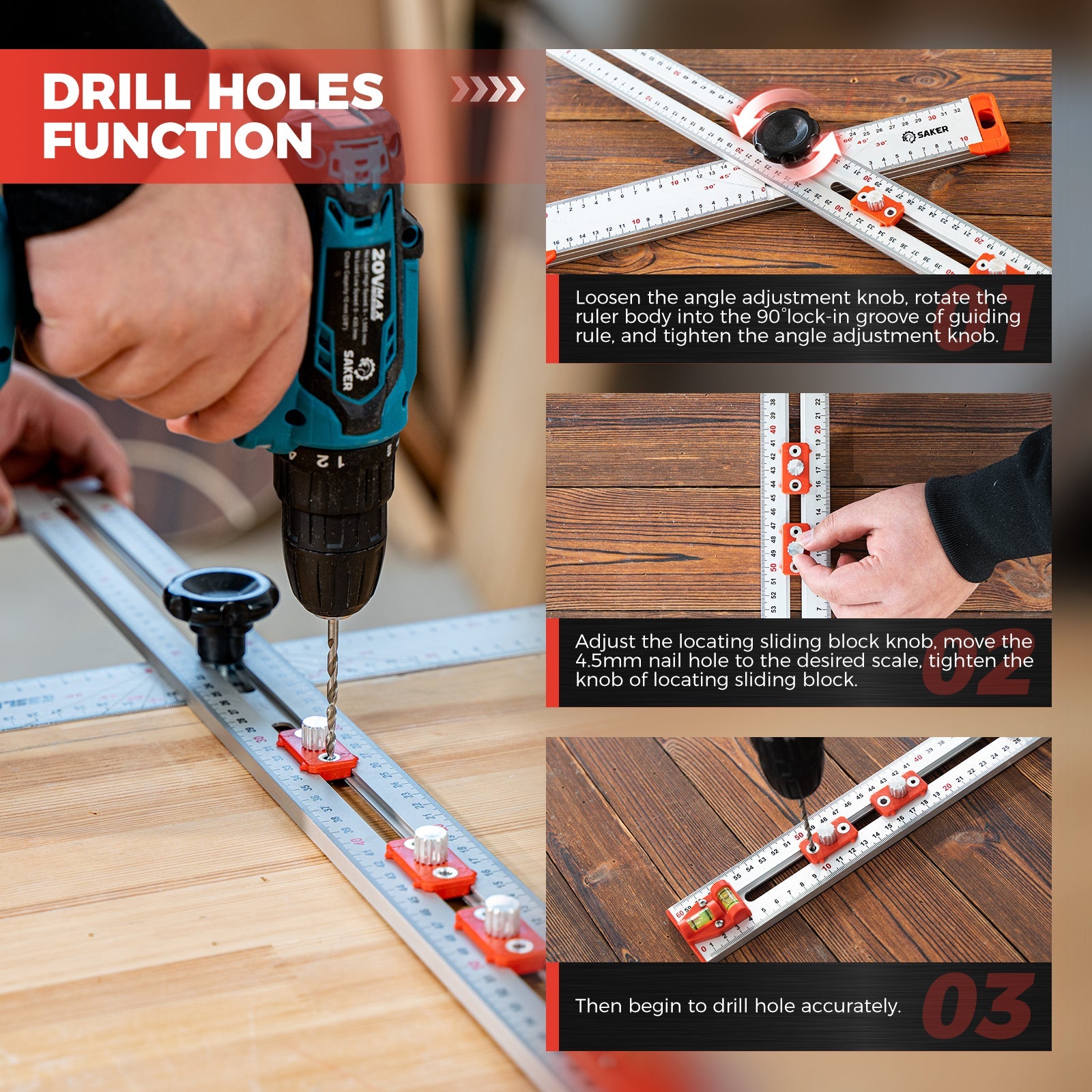 SAKER® Accurate Hole Position Marker - SAKER® 4 in 1 Drilling Positioning Ruler