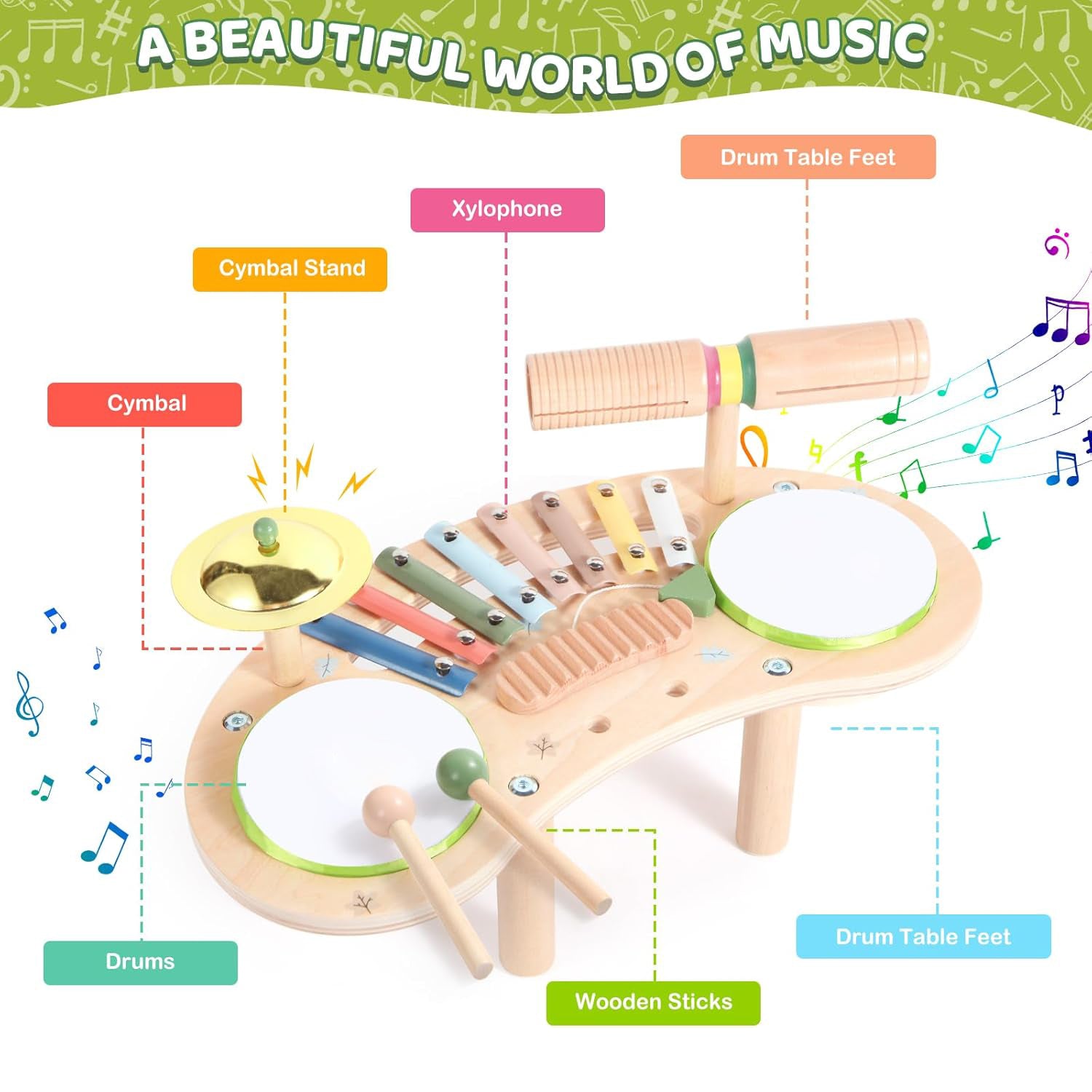 Sakerplus® 7 In 1 Wooden Kids Drum Set